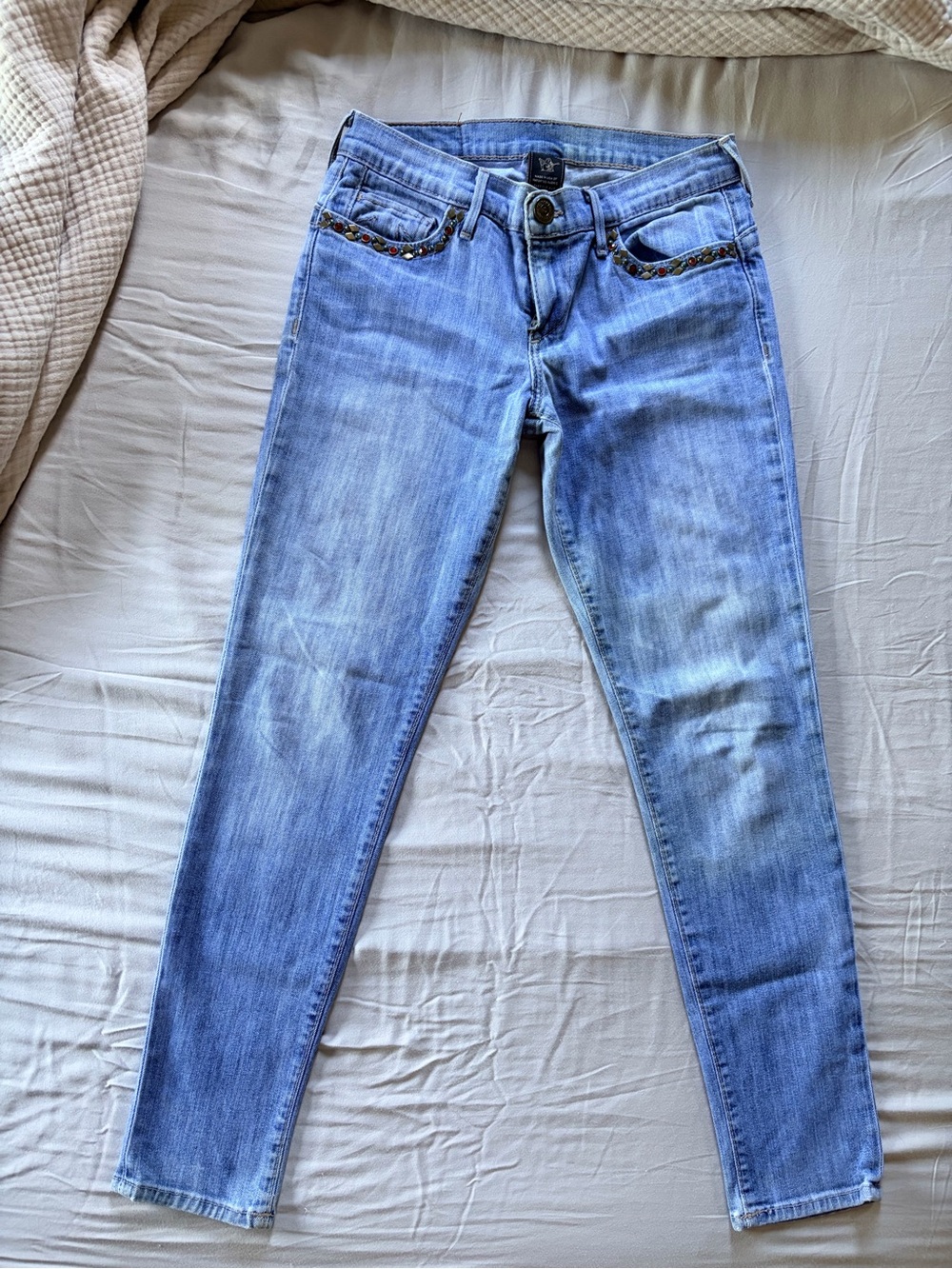 True Religion Light Blue Skinny Jeans with Embellished Pockets